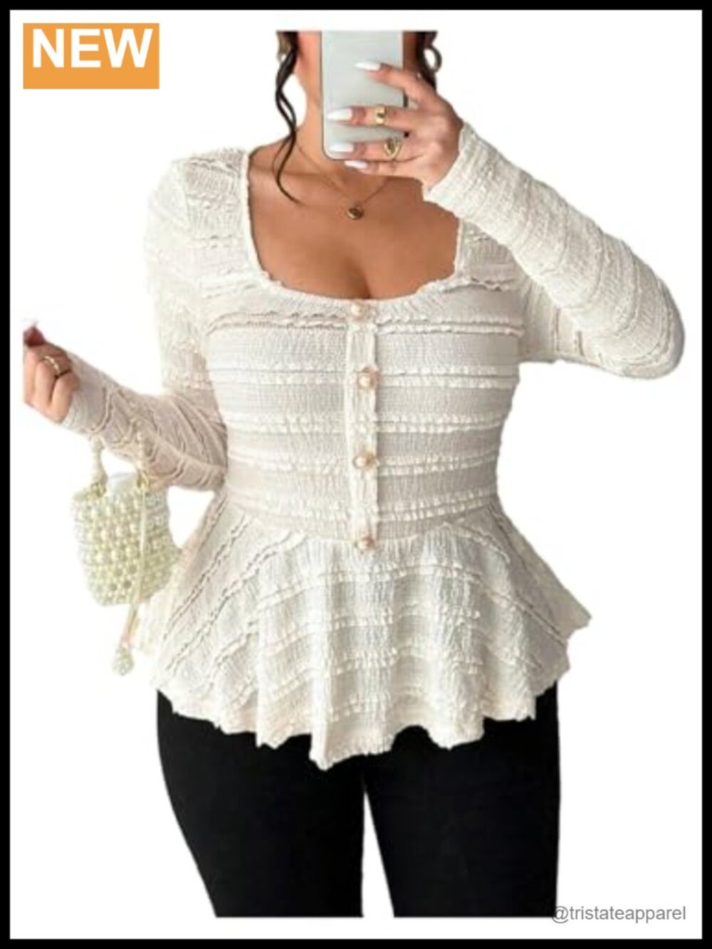 Plus Size Peplum Top Square Neck Long Sleeve Ruffle Hem Pearl Button Blouse